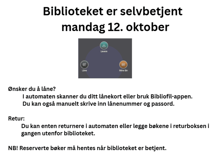 Selvbetjent bibliotek mandag 12.oktober